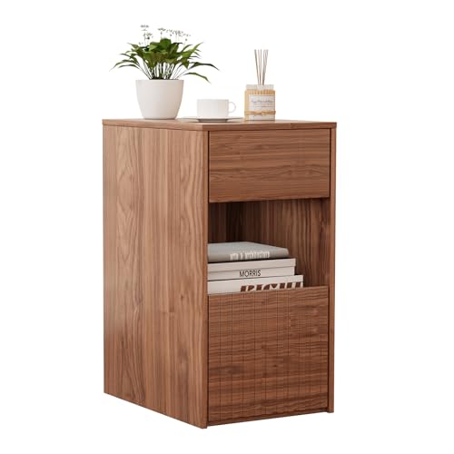 Image of Eongdon Fluted Nightstand, Mid Century Modern End Table with 2 Drawers and Open Storage, 11.7 inch W Narrow Bedside Table Organizer Compact Space Saving Night Stand for Bedroom, Sofa Side, Walnut