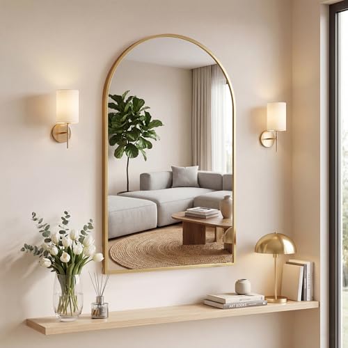 Image of NEWBULIG 22 inchx30 inch Arched Wall Mirror, Bathroom Mirrors for Over Sink, Gold|Vantiy Mirror with Tempered Glass & Anti-Rust Metal Frame, Entryway, Living Room, Bedroom