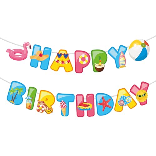 BOXOB Bannière Joyeux Anniversaire Piscine, Pré-Montée Bannière Été pour Fête sur la Plage Décoration Anniversaire Piscine pour Thème Natation Fournitures de Célébration