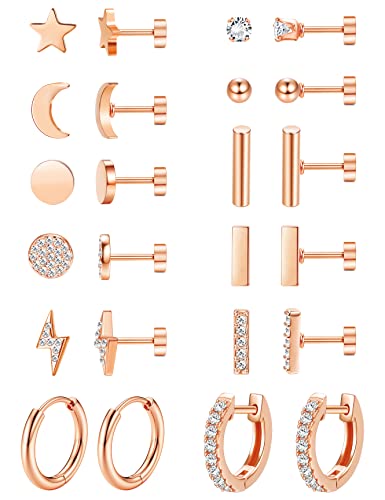 FASACCO 12Pairs Flat Back Earrings for Women Men Hypoallergenic 14K Gold Plated Stainless Steel Flatback Stud Small Huggie Hoop Earrings 20G Tiny Gold Stud Earring Sets for Multiple PIercing