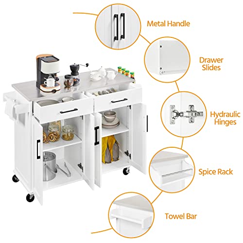 Yaheetech Kitchen Cart With Stainless Steel Countertop And 2 Drawers, Kitchen Island On Wheels With Double Storage Cabinet And Inner Adjustable Shelves For Dining Room, White #TOP5