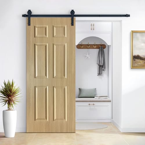 36 in. x 85 in. 6 Panel Hollow Core Oak Finished PVC Composite Interior Sliding Barn Door with Hardware Kit