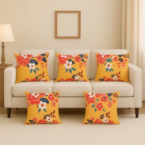 Image of Jute Cushion Cover 20x20 Inch - Set of 4 Decorative Throw Pillow Covers for Sofa, Couch or Bed - Designer Printed Square Cushion Covers - Home Decor (Mustard Floral)