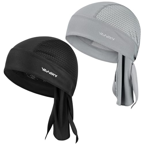 YANIKY Bandanas Skull Caps for Men, Women Skull Cap Helmet Liner, Summer Cycling Hat, Durags for Men, Motorcycle Bandana Sweat Wicking Dew Rags for Sport Travel Running Fitness (Black+Grey)