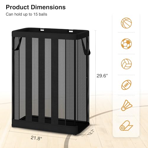 Image of STO STO Ball Storage Basket, Wall-Mounted or Freestanding Garage Ball Organizer Holder, Holds up to 15 Balls, Sports Equipment Organizer with Elastic Front Access for Garage, Gym, Playroom, Black