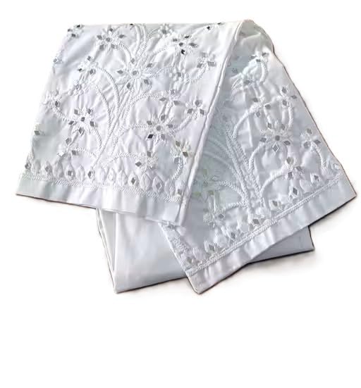 White Embroidered Pants, Floral Cutwork Design, Cotton, Elegant Bedding-image-23