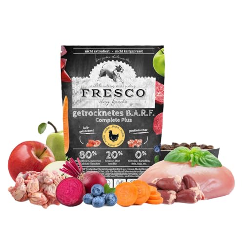 FRESCO Dog Complete Plus Trockenbarf Huhn 1kg | natürliches Trockenfutter für Hunde aus frischem Fleisch, Obst und Gemüse | 100% frische Zutaten | ohne künstliche Zusätze