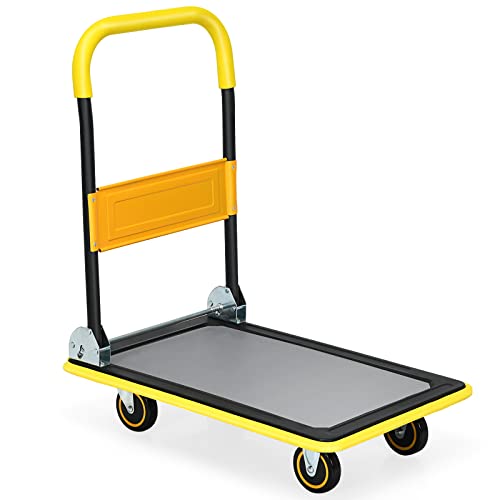 MAT EXPERT Platform Truck Cart, Foldable Push Cart Dolly with 360 Degree Universal Wheels & Handle, 330 LBS Foldable Push Cart, Heavy Duty Flatbed Cart for Garage, Warehouse, Office (Yellow)