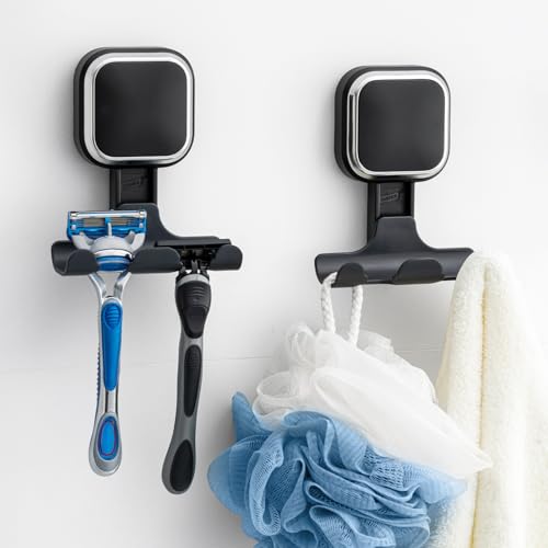 TAILI Suction Cup Razor Holder for Shower Wall 2 Pack, Versatile Suction Cup Hooks for Razor, Towel, Loofah, Squeegee, Cell Phone, Removable Damage-Free Hanging Shower Hook, Shaver Holder, Black
