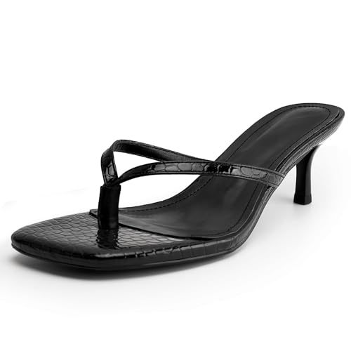 DREAMCIA Square Toe Thong Heeled Sandals Stiletto Slip On Kitten Slingback Flip Flop Heels Slides Summer