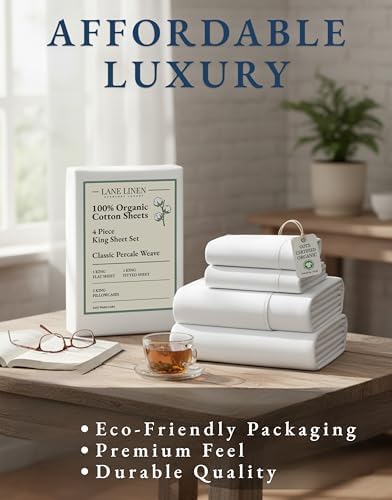 LANE LINEN King Sheets 100% Organic Cotton 4pc Percale Cooling Soft - White — view 7