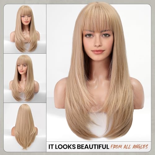 EMMOR Long Platinum Blonde Wigs for Women Straight Synthetic Layered Wig with Fringe (26" Platinum Blonde) - Image 2