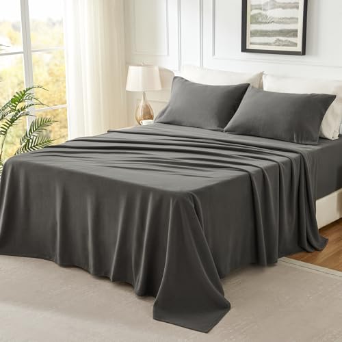 Love's cabin Fleece Queen Sheet Set - 4 Pcs Dark Grey Winter Soft Plush Polar Fleece Bed Sheets Set with 16