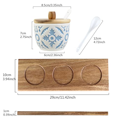 Aebor Ceramic Condiment Jar Spice Container With Wood Lids And Ceramic Spoons,Wooden Tray, For Kitchen, Counter, Food Storage, Embossed Porcelain Condiment Jar Spice (Set Of 3) #TOP1