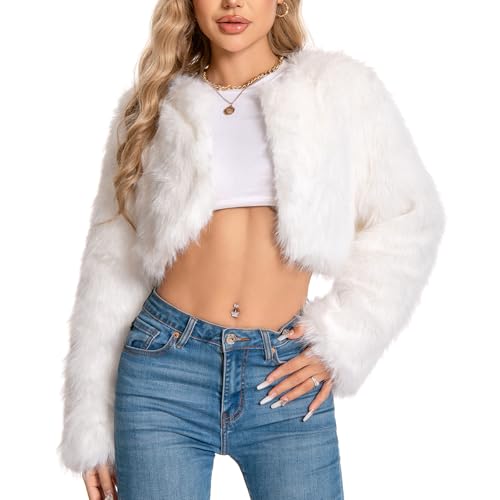 WELLATENT Fur Coats For Women,Plus Size Cropped Faux Fuzzy Jacket Fluffy Fall Coat.