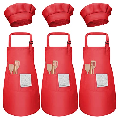 3 Sets Niños Delantal y Gorro de Cocinero, Ajustable Delantal de Pintura para Niño Niña 3-12...