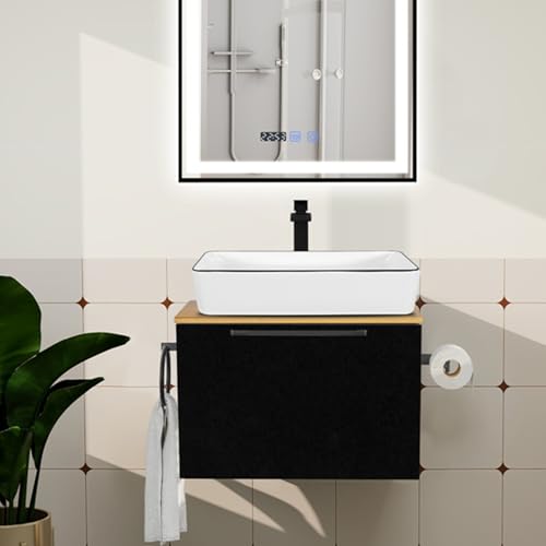 ZealWe Badmöbel Set 2-teilig Waschbecken mit Unterschrank 60 cm mit Handtuchhalter Rollenhalter, Waschtischunterschrank hängend mit Waschtish 50 cm für kleine Gäste WC Waschplatz, Weiß