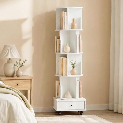 Nordivale Drehbares Bücherregal 360° Frei, Bücherregal Drehbar Weiß, Bücherregal Kinder mit rollbar & extra Unterschublade, für Wohnzimmer… – Ansicht 1