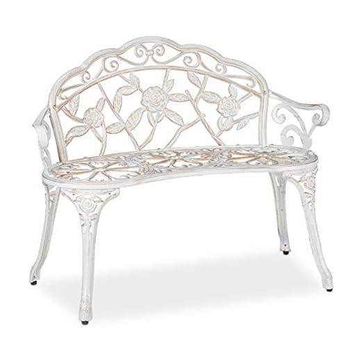Relaxdays Banco Jardín Retro, 2 Plazas, Rosas, Envejecido, 78 x 98 x 57 cm, Aluminio y Hierro Fundido, Blanco y Bronce