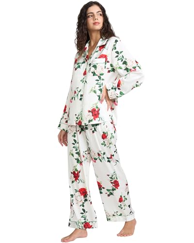 Image of YiNi LuLu Womens Silk Satin Pajamas Set Button Down 2 Piece Pjs Long Sleeve Oversized Sleepwear with Pockets