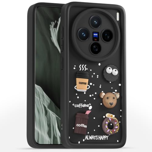Image of Pikkme Back Cover for Vivo X200 5G | 3D Bear Silicone Cute & Fun Coffee Cartoon | Full Body Protection Bumper Case (Black)