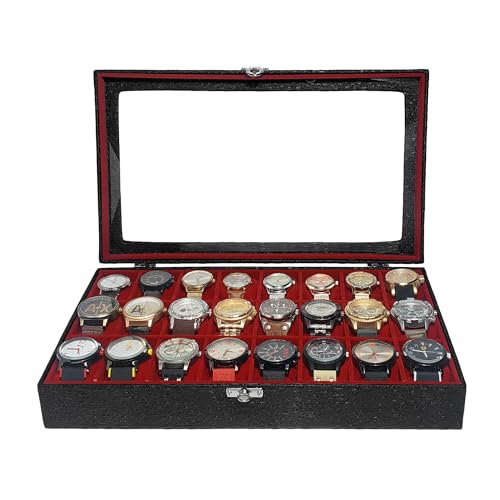 Estojo Para 24 Relógios Com Vidro Com Interno Vermelho Caixa Maleta Porta Relógios