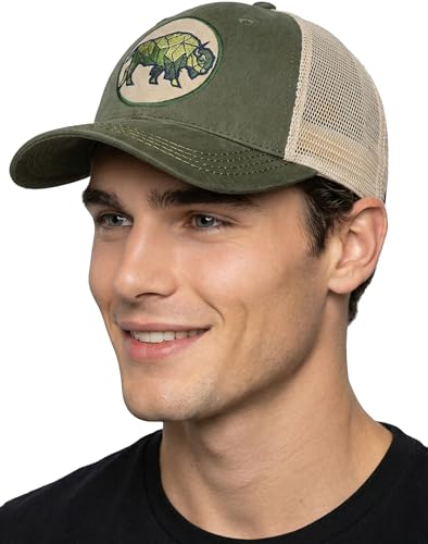 Funky Junque Buffalo Hat for Men Breathable Mesh Trucker Cap Snapback Bison Hat with Buffalo Design - Buffalo Geometric - Olive/Beige