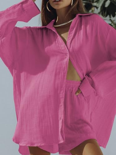 Image of Fixmatti Women 2 Piece Outfits Long Sleeve Button Down Blouse and Shorts Sweatsuit Sets