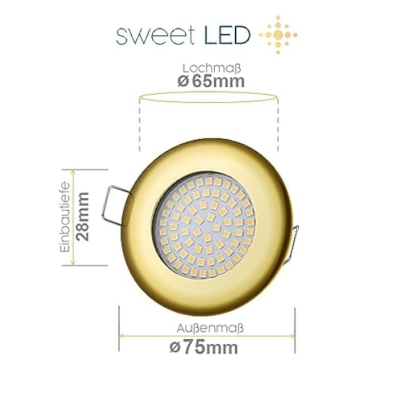Sweet Led 6 focos empotrables planos de metall, 3,5 W, 330 lúmenes, 3000 K, color blanco cálido, 65 mm, dimensiones de las luces empotradas, diámetro de 75 mm, profundidad de montaje: 28 mm 230 V