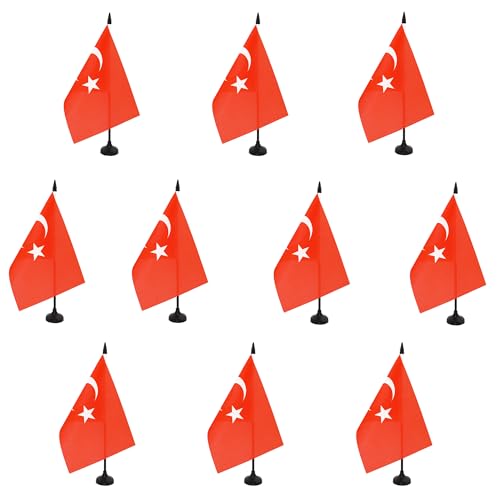 AZ FLAG - Lot de 10 Drapeau De Table Turquie 21x14 cm - 10 Petits Drapeaux Turc De Bureau 100% Polyester Avec Hampe De 25cm Et Socle En Plastique Noir