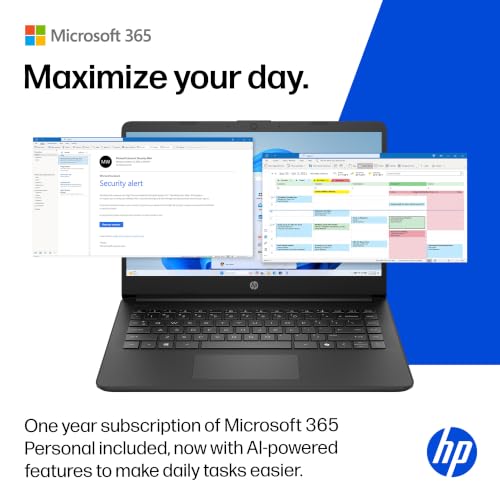 Image of HP 14 inch Laptop, HD Display, Intel N150, 4 GB RAM, 128 GB UFS, Intel Graphics, Windows 11 Home, Includes a 1-Year Microsoft 365 Family Subscription. Jet Black, 14-dq6199nr