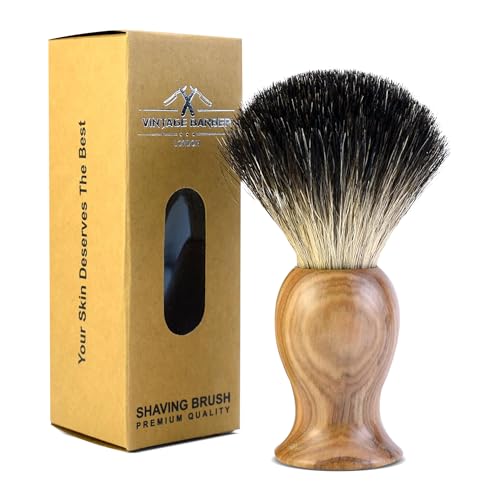 100% Pure Badger Hair Shaving Brush | Handmade Wood Shaving Brush | For All Skin Types | Personal and Professional Hair Salon Tool | Wet Shaving | VINTAGE BARBER LONDON (Olive Wood)
