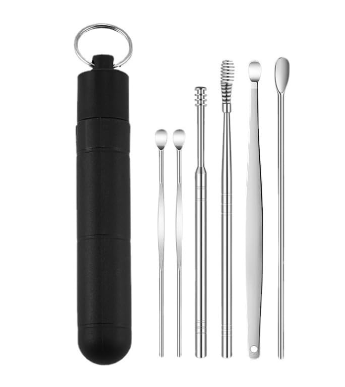 6PCS Ear Cleaner Tool Earpick Sticks Set Earwax Remover Curette Ear Pick Cleaning Black Ear Cleanser Spoon