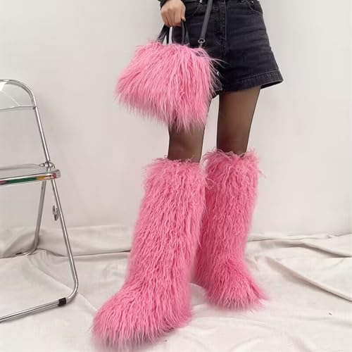 Image of Valpeak Faux Fur Tall Furry Boots for Womens,Long Winter Boots for Girls,Mongolian Fluffy Boots for Kids Fuzzy Knee-High Boots