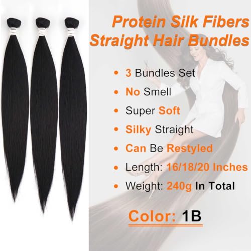 Straight Hair Bundles 1 Pack Protein Fiber Synthetic Hair Weave for Women Straight Bundles Silky Soft, No-Tangle, Natural Look Extensions (1B, 16 18 20 Inch) — view 2