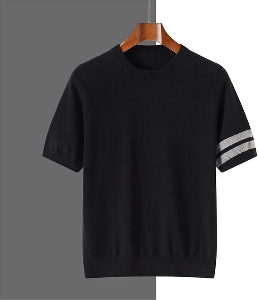 Mens Round Neck Pullover Sweater Short Sleeve Loose Fit Solid Color Thin Knit Casual T-Shirt Comfortable All-Season Wear