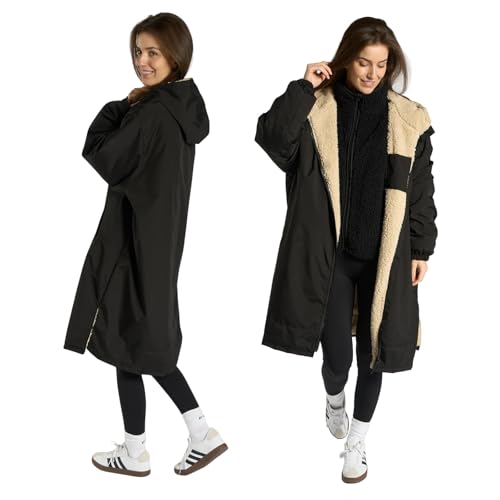OHS Rain Coats for Women Men Oversized Waterproof Jacket Fleece Lining Changing Robe with Hood & Pockets Lightweight Ladies Raincoat Drying Robe for Outdoor Travel Black/Beige - S/M