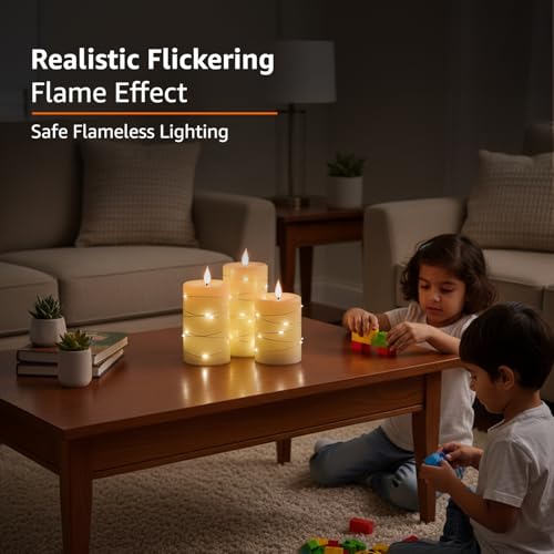 Image of amazon basics LED Flameless Candles with String Light Effect, Set of 3 (8X10 CM, 8X12.5 CM, 8X15 CM) Ivory Wax Body, Steady Warm Glow, Battery Operated with Remote & Timer, Safe Indoor Lighting