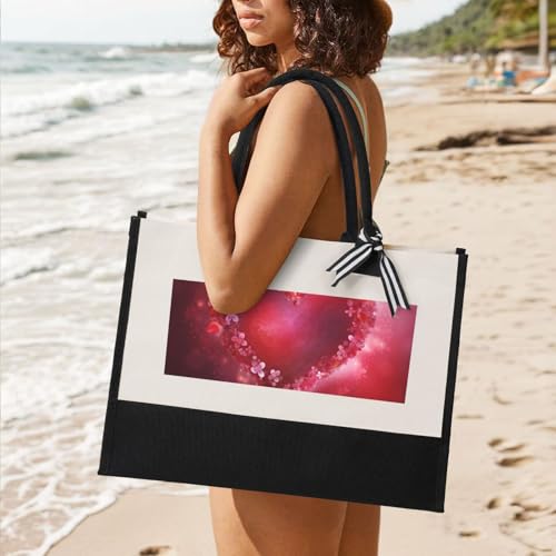 Canvas Tote Bag for Women Beach Tote Purse Reusable Grocery Bag Valentine Day Heart Flower Aesthetic Shopping Bags 6