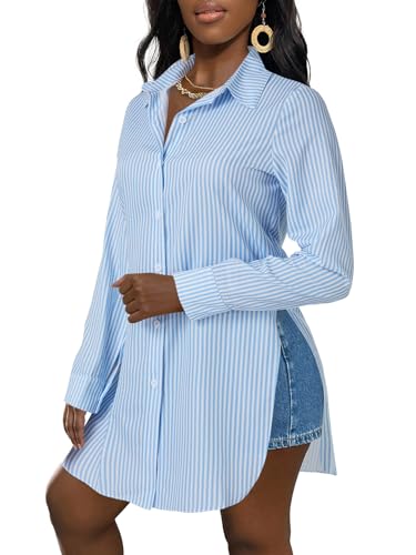 Image of LYANER Women's Collar Neck Long Sleeve Button Down Shirts Sexy Split Hem Tops Long Blouse Shirt Dress