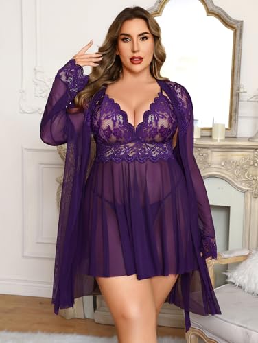 Image of Avidlove Plus Size Lingerie Sexy Lingerie Set Women's Exotic Nightgowns Lace Chemise Lingerie Side Slit Nightdress