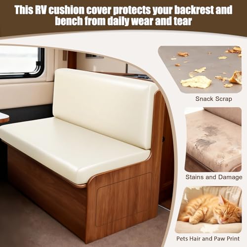 Image of SearchI PU Leather RV Dinette Cushion Covers, Stretch Camper Cushion Slipcovers for Travel Trailer Couch RV Booth Seat, Replacement Camper Sofa Chair Protector(1 Backrest Cover & 1 Bench Cover, Cream)