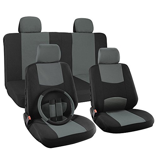 OxGord H Stripe Seat Covers Set with Steering Wheel Cover for Car, Truck, SUV or Van