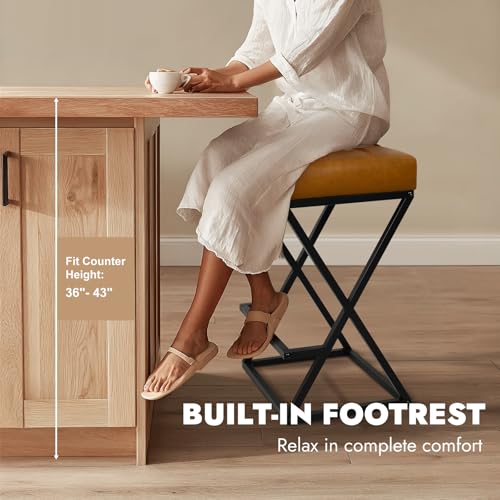 Image of Bar Stools Set of 4, 26 Inch Counter Height Stool Faux Leather Brown | Backless Counter Stools with X-Frame Metal Legs, 3.3 inch Upholstered Seat, Mid-Century Modern, for Kitchen Island, Home Bar