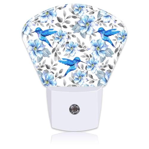 Image of Watercolor Blue Flowers and Hummingbirds Night Light for Kids Girls Boys, Blue Hummingbirds LED Night Light Plug into Wall with Dusk to Dawn Sensor for Room, Hallway, Kitchen, Bathroom, Stairs Decor