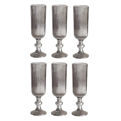 Juego de 6 copas de vino vintage de colores brillantes con relieve (línea/gris plateado/150 ml) copas de boda, copas de champán, jarra, cuenco de postre, cristal, para beber, copas de vino, copas de