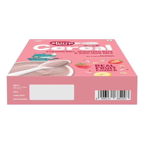Image of Slurrp Farm First Bites Strawberry, Sprouted Ragi and Rice Cereal with Milk I Instant Cereal for Little Ones | with No Added Sugar I 10X Calcium of Wheat and Rice | 200g