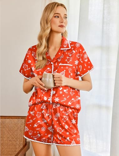 Image of Ekouaer Womens Silk Pajama Sets 2 Piece Satin Pj Set Button Down Shirt and Shorts Lounge Sets Classic with Pockets