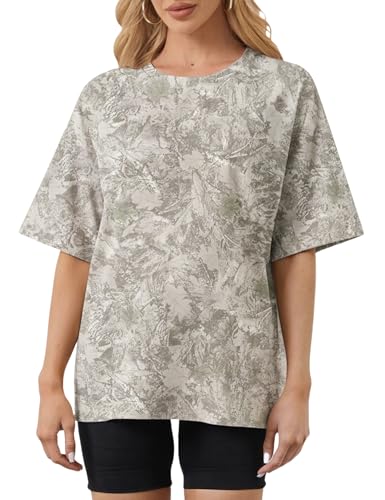 Image of MSBESYOR Camo Shirt for Women Maple Leaf Print Short Sleeve Crewneck T-Shirts Summer Oversized Tee Shirts Streetwear