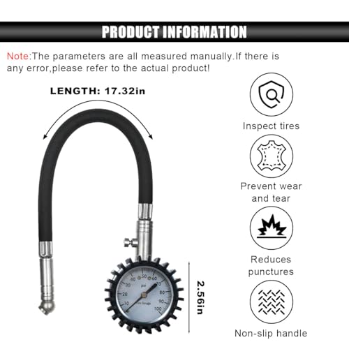 Image of BDZMC Car Tire Pressure Gauge, 0-100 PSI Air Pressure Gauge with 2.5 Inch Large Scale Dial, Accurate Easy to Read, Certified ANSI Tire Gauges with Flexible Air Hose for Cars, SUVs, Trucks (Silver)